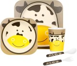 Set masa copii din fibre de bambus, 5 piese, Eco-friendly, Material biodegradabil, Design vesel, Farfurie compartimentata, Bol, Cana si Tacamuri