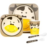 Set masa copii din fibre de bambus, 5 piese, Eco-friendly, Material biodegradabil, Design vesel, Farfurie compartimentata, Bol, Cana si Tacamuri