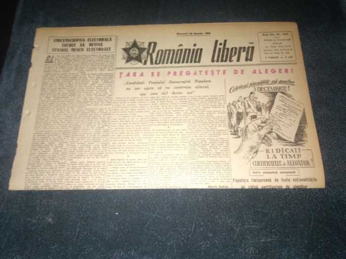 ZIARUL ROMANIA LIBERA 22 NOIEMBRIE 1950 ALEGERI