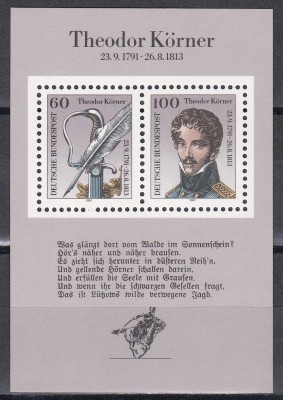 Germania 1991 -200 ani de la nașterea lui Karl Theodor K&amp;ouml;rner, poet, Colita, MNH foto