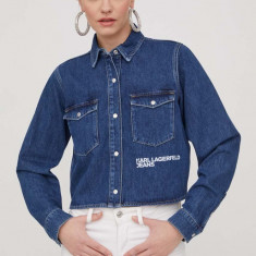 Karl Lagerfeld Jeans camasa jeans femei, culoarea albastru marin, cu guler clasic, regular