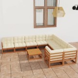 Cumpara ieftin Set mobilier grădină perne, 10 piese, maro miere lemn masiv pin