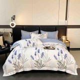 Cumpara ieftin Lenjerie de lux pentru pat dublu,bumbac finet,6 piese,cearceaf cu elastic,alba lila,imprimeu cu flori-A1004, Jojo Home