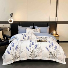 Lenjerie de lux pentru pat dublu,bumbac finet,6 piese,cearceaf cu elastic,alba lila,imprimeu cu flori-A1004