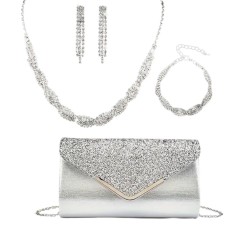Geanta Dama Set, Poșetă Plic cu lanț metalic detașabil, Colier reglabil, Brățară Reglabila si Cercei, 24 x 14 x 5 cm, Argintiu