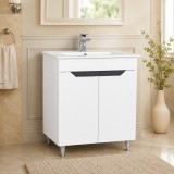 Baza si lavoar ceramic GN0561, mobilier baie stativ 70 cm, front MDF, 2 usi, picioare cromate reglabile, alb antracit