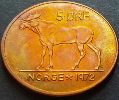 Moneda 5 ORE - NORVEGIA, anul 1972 *cod 3253 C = patina frumoasa! foto