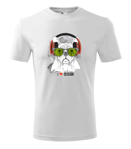 Tricou Personalizat I Love Music cu Bulldog si Casti - Design Cool si Modern