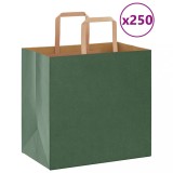 vidaXL Pungi de h&acirc;rtie 250 buc cu m&acirc;nere verde 26x17x25 cm