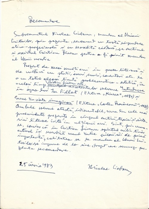 A3589N Nicolae Ciobanu, act scris și semnat olograf, 1983