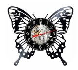 Ceas de perete decorativ realizat din disc de vinil, Model Fluture Sculptat Filigran, Camera Copii Living, Negru, 30 cm