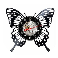 Ceas de perete decorativ realizat din disc de vinil, Model Fluture Sculptat Filigran, Camera Copii Living, Negru, 30 cm