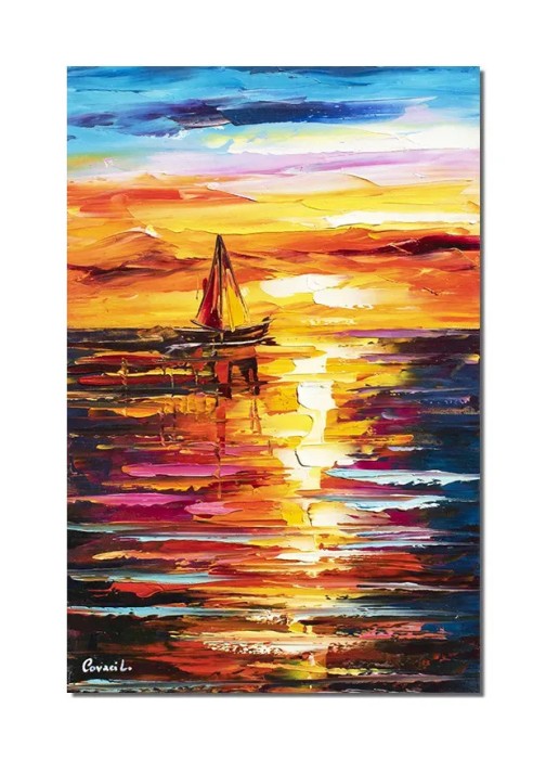 Tablou pictat manual birou, hol, living, dormitor, Velier la amurg, 60x40cm ulei pe panza in cutit efect 3D