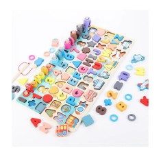 Jucarie Educativa Montessori 6-in-1 din Lemn &ndash; Puzzle Alfabet, Cifre, Forme, Vehicule, Sortare si Pescuit Magnetic, Multicolor, +3 ani