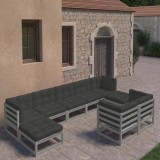 VidaXL Set mobilier grădină cu perne, 9 piese, gri, lemn masiv de pin