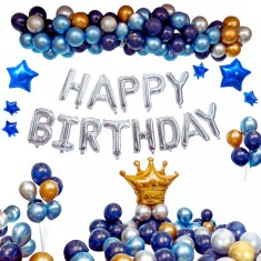 Set de baloane din latex si folie aurii, argintii si albastre pentru petrecere aniversara, 83 baloane si un set Happy Birthday 83 65 centimetru Multic
