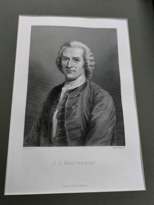 Gravura sec 19, portret J.J. ROUSEAU, de F. Delannoy, 1969, 15x22 cm, cu paspart foto