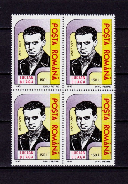 ✅ RO 1995 LP 1378 &quot;Lucian Blaga - 100 de ani de la nastere&quot; , serie in bloc de 4 , MNH