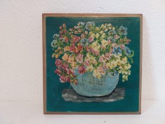 Tablou pictura in ulei pe lemn, flori in vaza, Ungaria, Marika Szilagyi, 14x14cm