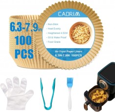Set 100 hartii de copt pentru friteuza cu aer, manusi, cleste si o pensula Cadrim, silicon, alb/albastru/maro
