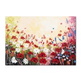 Tablou pentru living modern pictat manual, Maci, margarete si albastrele, 100x70cm ulei pe panza in relief