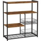 Raft tip insula pentru bucatarie, Artool, pal, otel, 4 polite, cu compartimente pentru farfurii, negru si maro rustic, 80x35x95 cm, Leobert