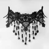 Colier Choker Gothic cu Broderie din Dantela si Strass, Negru, Halloween, Oem