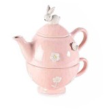 Cumpara ieftin Set ceainic cu ceasca din ceramica roz model Iepuras 19x12x19 cm