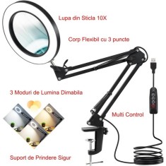 Lupa de lucru, cu suport de prindere, brat reglabil, zoom 10x, sticla, foto