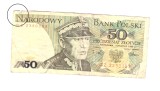 Bancnota Polonia 50 zloti 1988, circulata, uzata, sifonata, mica ruptura