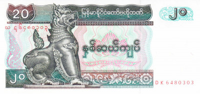 Bancnota Myanmar 20 Kyats (1994) - P72 UNC foto