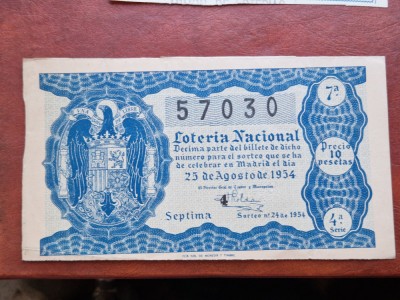 SPANIA - LOTERIA NACIONAL Bilet 10 pesetas / 1954. foto