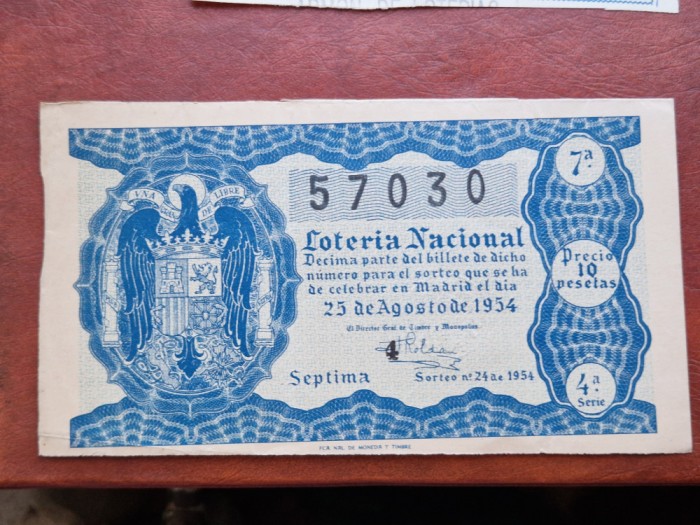 SPANIA - LOTERIA NACIONAL Bilet 10 pesetas / 1954.