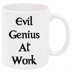Cana personalizata Evil Genius at Work, ceramica alba, 325 ml foto
