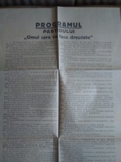 Afi? electoral PROGRAMUL PARTIDULUI OMUL CARE VA FACE DREPTATE, 1935,timbrat,rar foto
