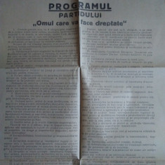 Afiș electoral PROGRAMUL PARTIDULUI OMUL CARE VA FACE DREPTATE, 1935,timbrat,rar