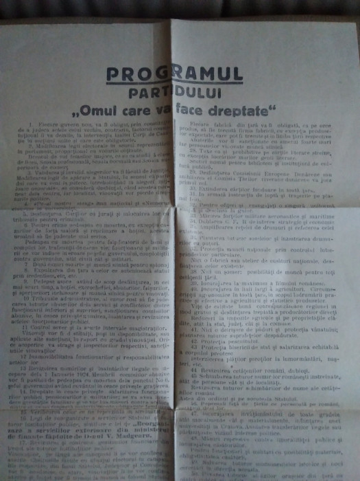 Afiș electoral PROGRAMUL PARTIDULUI OMUL CARE VA FACE DREPTATE, 1935,timbrat,rar