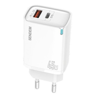 Incarcator Retea Sendem OG63, 45W, 3A, 1 x USB-A - 1 x USB-C, Alb foto