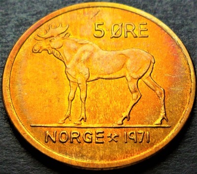 Moneda 5 ORE - NORVEGIA, anul 1971 *cod 2333 D = A.UNC / PATINA CURCUBEU foto