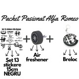 Set Cadou Pasionati Alfa Romeo , 13 Stickere Personalizate, Breloc 3D si Air Freshener Roata 3D