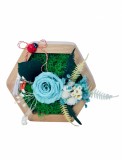 Aranjament floral hexagon cu licheni , mini roza si plante criogenate (Bleu, verde)