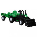 Tractor copii cu pedale, remorcă şi &icirc;ncărcător, verde și negru