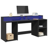 vidaXL Birou cu lumini LED, negru, 200x55x91 cm, lemn prelucrat 3309439