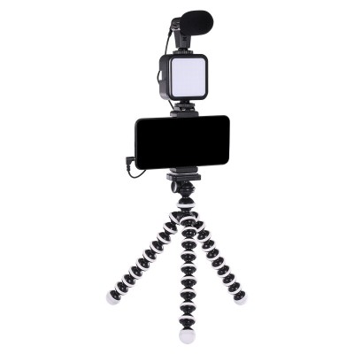 Kit de vlogging pentru telefon camera, trepied flexibil, panou LED, suport telefon si microfon foto