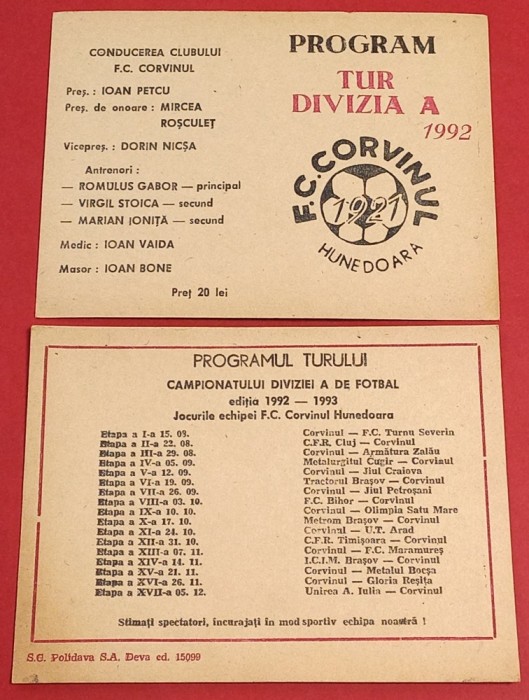 Program fotbal - Tur Divizia A 1992 CORVINUL HUNEDOARA