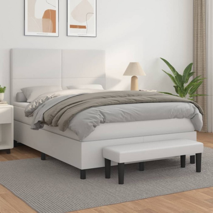 vidaXL Pat box spring cu saltea, alb, 140x200 cm, piele ecologică 3137546
