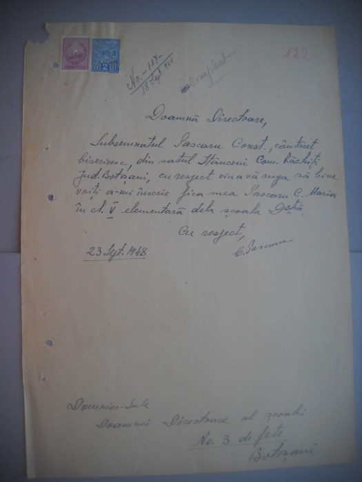 HOPCT DOCUMENT VECHI NR 475 PASCANU MARIA-SCOALA NR 3 FETE BOTOSANI 1948