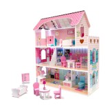 Casa de papusi roz 70 cm din MDF cu lumini LED, complet utilata si mobilata