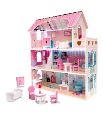 Casa de papusi roz 70 cm din MDF cu lumini LED, complet utilata si mobilata foto