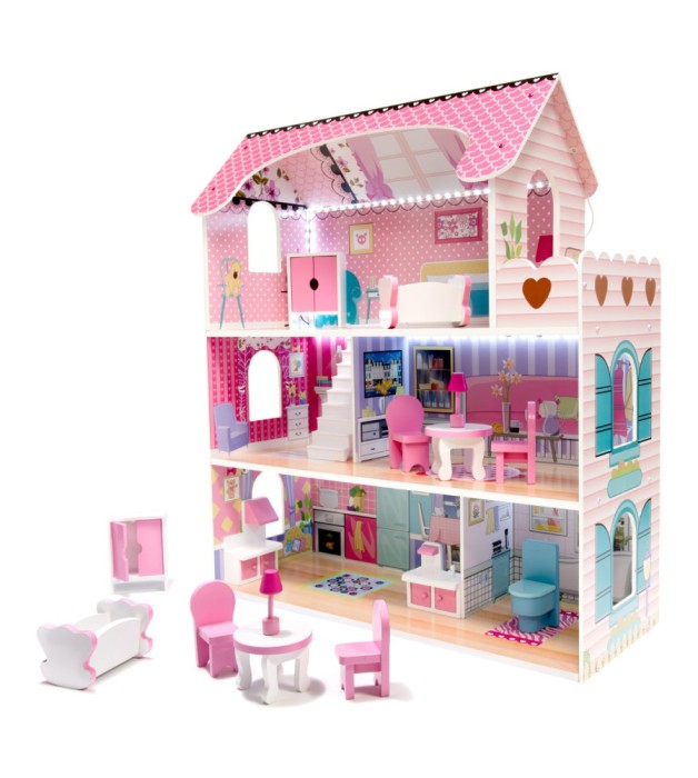 Casa de papusi roz 70 cm din MDF cu lumini LED, complet utilata si mobilata